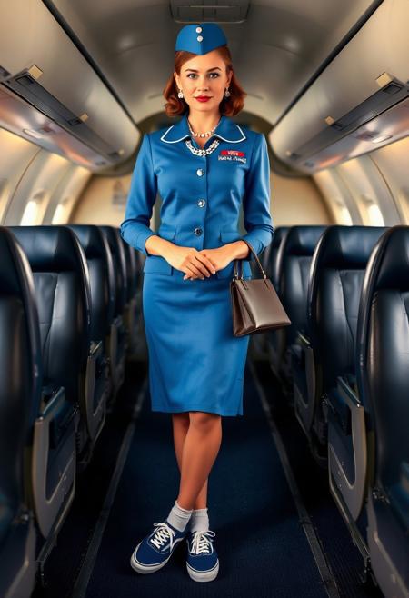 a 45 year old woman airline stewardess from the 1960s. she is wearing her blue uniform, matching hat, nice jewelry and hand bag. She is wearing blue canvas Vans Authentic deck sneakers with white laces. She is wearing short white socks. She is standing inside an airplane.
beautiful face, perfect face, perfect eyes, perfect anatomy, perfect legs,
visible full body, visible sneakers, detailed sneakers,