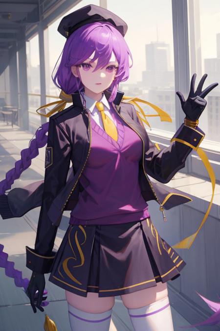 eltnum purple jacket, purple sweater, sweater vest, white thighhighs, yellow necktie, purple headwear, purple skirt, single glove