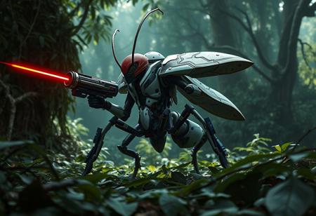 epic details Epic biomechanical insectoid warrior, cobalt & white armor, red helmet, laser cannon arm, dynamic wide stance, limbs spread, standing on dense forest floor. Overgrown veridian foliage background, dappled light, intricate details, dramatic contrast. Cinematic octane render, unreal engine 5, trending on Artstation, CGSociety, high-res, detailed, atmospheric lighting, epic composition, high quality, sharp focus.