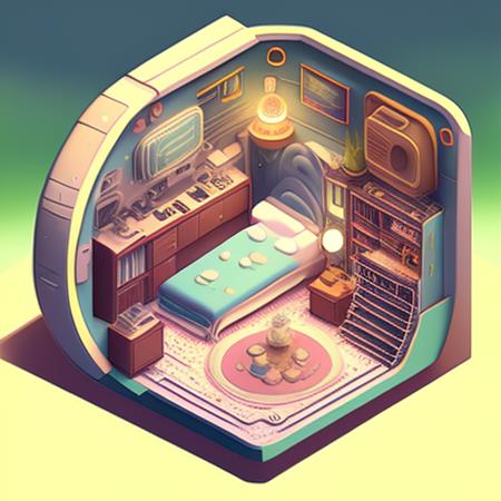 a rendition of a Isometric_Dreams, a computer generated image of a house with a library and a bed in the center of the house, and a fireplace in the middle