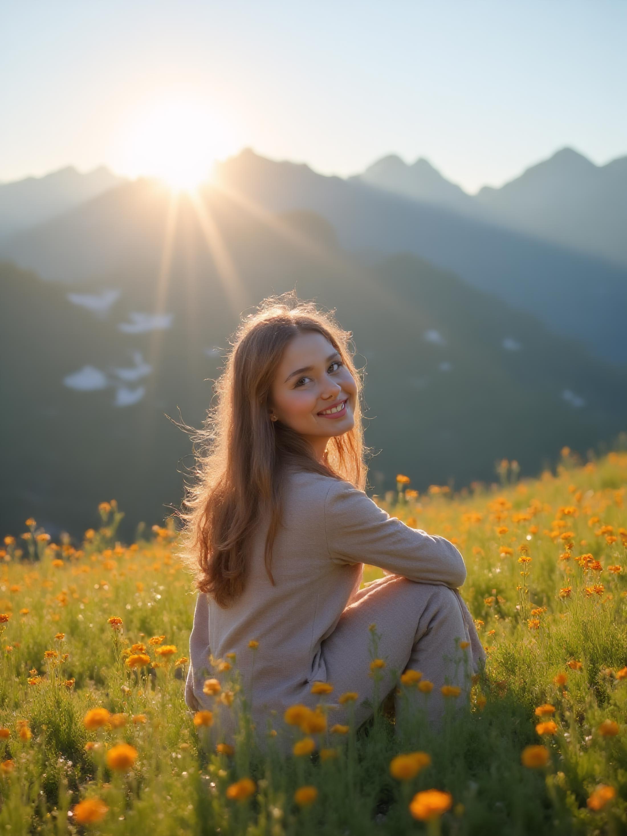 a beautiful scandinavian girl posing in the mountains, the sun is shining, the grass is green and flowers are everywhere