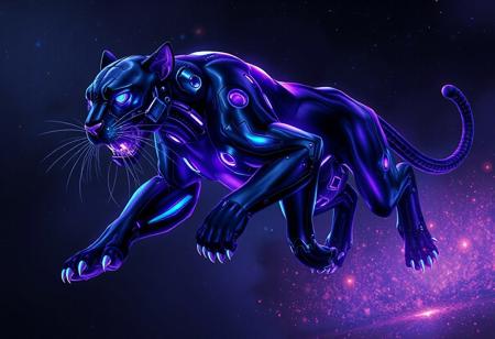 "Create a detailed, lifelike digital illustration of a cyber Galaxy black panther in a running pose, featured on amiami, incorporating the golden ratio. The panther should have purple flesh, no watermark signature, and be in an insane action pose, with an encephalopod-like appearance, black gold light blue accents, and the lord of regeneration title. The piece should be trending in Japan, have alien anatomy with animal drawing elements, and be in 4k with high coherence and post-processing. The style should resemble the work of artists such as Greg Rutkowski, Zabrocki, Karlkka, Jayison Devadas, Phuoc Quan, and Wlop."