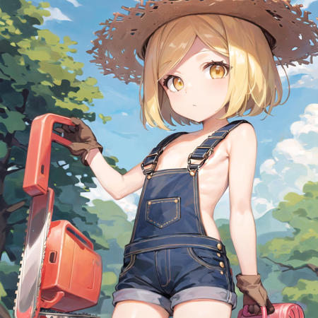 PaulBunyan a drawing of a cute girl with an overalls and a straw hat holding a canister, paul bunyan (fate), 1girl, solo, naked overalls, blonde hair, gloves, hat, overalls, chainsaw, looking at viewer, short hair, yellow eyes, outdoors, an anime style girl holding a large ax in a field behind trees, 1girl, paul bunyan (fate), axe, solo, pantyhose, outdoors, day, blonde hair, smile, gloves, tree, hat, open mouth, sky, :d, brown gloves, holding axe, blush, green headwear, leaf, blue sky, bangs, beret, looking at viewer, cloud, holding, forest, parted bangs, yellow eyes, nature, brown pantyhose, long sleeves, short hair