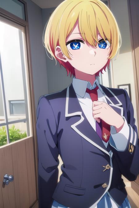 aquamarinehoshino, <lora:aquamarine hoshino s1-lora-nochekaiser:1>,
aquamarine hoshino, blue eyes, blonde hair, hair between eyes, (symbol-shaped pupils:1.5),
BREAK shirt, school uniform, jacket, necktie, blazer, red necktie,
BREAK indoors, classroom,
BREAK looking at viewer, (cowboy shot:1.5),
BREAK <lyco:GoodHands-beta2:1>, (masterpiece:1.2), best quality, high resolution, unity 8k wallpaper, (illustration:0.8), (beautiful detailed eyes:1.6), extremely detailed face, perfect lighting, extremely detailed CG, (perfect hands, perfect anatomy),