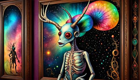Hieronymus Bosch and Maxfield Parrish illustration, of an ancient dark eyed humanoid figure, with cyber antler antenna, in an elegant mythic suit embroidered with elaborate Art Nouveau flourishes, emerging from a colorful iridescent liquid embryonic nebula, organic steampunk television screen, enchanting creatures, event horizon in the background, <lora:Luminous_Night:1>, <lora:InkArtXL_1.2:1>