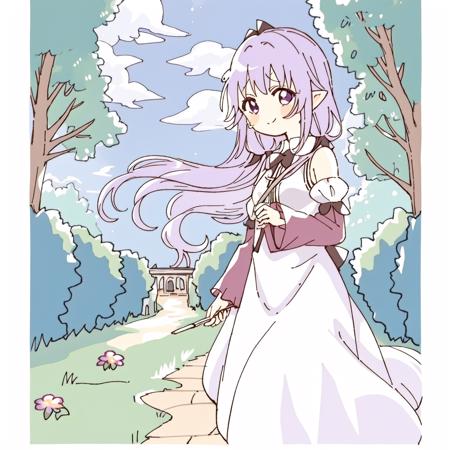 1girl, bangs, bare_shoulders, blue_sky, blunt_bangs,braid, breasts, bush, closed_mouth, cloud, cloudy_sky, crown_braid, day,detached_sleeves, emilia_\(re:zero\), eyebrows_visible_through_hair, flower, forest, garden, gem, grass, hair_flower, hair_ornament, hair_ribbon, house, long_hair, looking_at_viewer, nature, outdoors, park, path, pointy_ears, purple_eyes, purple_ribbon, ribbon, road, silver_hair, sky, smile, solo, tears, tree, white_flower, x_hair_ornament <lora:namori2-000008:1>