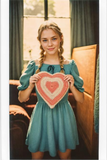 worn out polaroid of a stunning young Swedish woman, holding a large knitted heart, age 18, cute face, happy smile, blushed cheeks, short blonde braids and blue eyes, standing in livingroom, detailed skin, detailed face, detailed eyes, vellus hair, skin pores, 
wearing summer dress, summer love, lost memories,
amateur photo, polaroid, 4k, hdr, 1990s style, 90s flash photo, light leak, lomography, extremely detailed, analog photo, 90s photo <lora:detail_slider_v4:1> <lora:hairdetailer:1> <lora:skin_slider_v2_1_FACE:0.6> <lora:90sflash_v2:0.65>