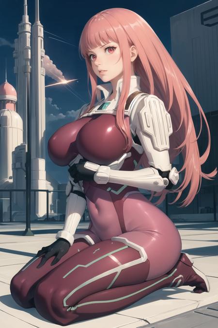 masterpiece, best quality, kenmarinaris, red eyes, bodysuit, shoulder pads, gauntlets, black gloves, thigh boots, large breasts, seiza, futuristic building, rocket <lora:kenmarinaris-nvwls-v1-final:0.9>