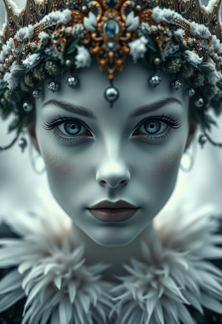 Symmetrical close up shot of a sensual queen , albino, beautiful laurel tiara, feathers collar, extremely beautiful, Big opened eyes, pale skin, from the underworld, subsurface 0.8, two light source, warm and cold contrast, volumetric light, cinematic shot, shot from a movie, gothic aesthetic, horror, gothic, by chris perna, emil melmoth, mystherion, depth of field, bokeh blur, ultra realism, octane render, matt painting, hard shadow, strong light, It"s snowing, photography style