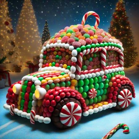 CHRC4ND7, car,<lora:Christmas_Candy:0.8>,masterpiece, best quality, amazing quality, very aesthetic, absurdres, newest, (scenery, volumetric lighting)