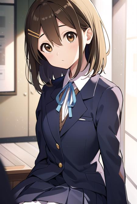 yuihirasawa, <lyco:yuihirasawa-LYCORIStest:1>,
yui hirasawa, (brown eyes:1.5), brown hair, hair ornament, hairclip, medium hair, (flat chest:1.2),
BREAK black pantyhose, blazer, blue jacket, blue ribbon, blue skirt, buttons, collared shirt, jacket, long sleeves, neck ribbon, pantyhose, pleated skirt, ribbon, sakuragaoka high school uniform, school uniform, shirt, skirt, white shirt, winter uniform,
BREAK looking at viewer,
BREAK indoors, classroom,
BREAK <lora:GoodHands-vanilla:1>, (masterpiece:1.2), best quality, high resolution, unity 8k wallpaper, (illustration:0.8), (beautiful detailed eyes:1.6), extremely detailed face, perfect lighting, extremely detailed CG, (perfect hands, perfect anatomy),