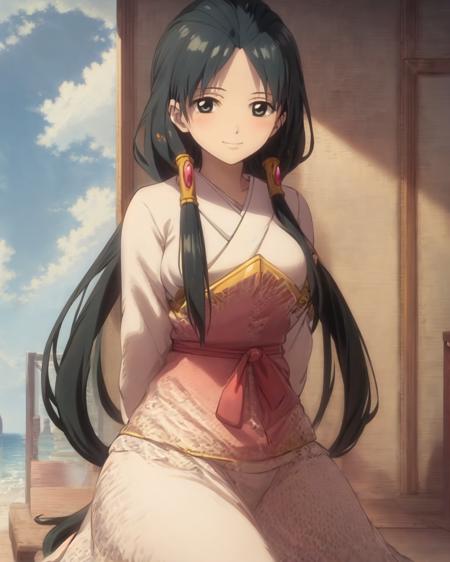 masterpiece,best quality,highly detailed, extremely detailed CG unity 8k wallpaper,illustration,Hakuei Ren,black hair,black eyes,medium breasts,light smile,blush,shy,facing viewer,looking at viewer,arms behind back,solo,solo foucs,wariza,day,sunlight,white cloud,blue sky