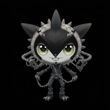 pkmn character, (((cutest creature ever made, big eyes, smile, happy))), ((best quality)),
solo, full body, (((concept, drawing, Undd))), (claws), belt, armor, knife, mask, monster, alien, demon, shoulder spikes, arm blade, (((spikes, ring chains, chains))) 
<lora:pkm_undead05:2>