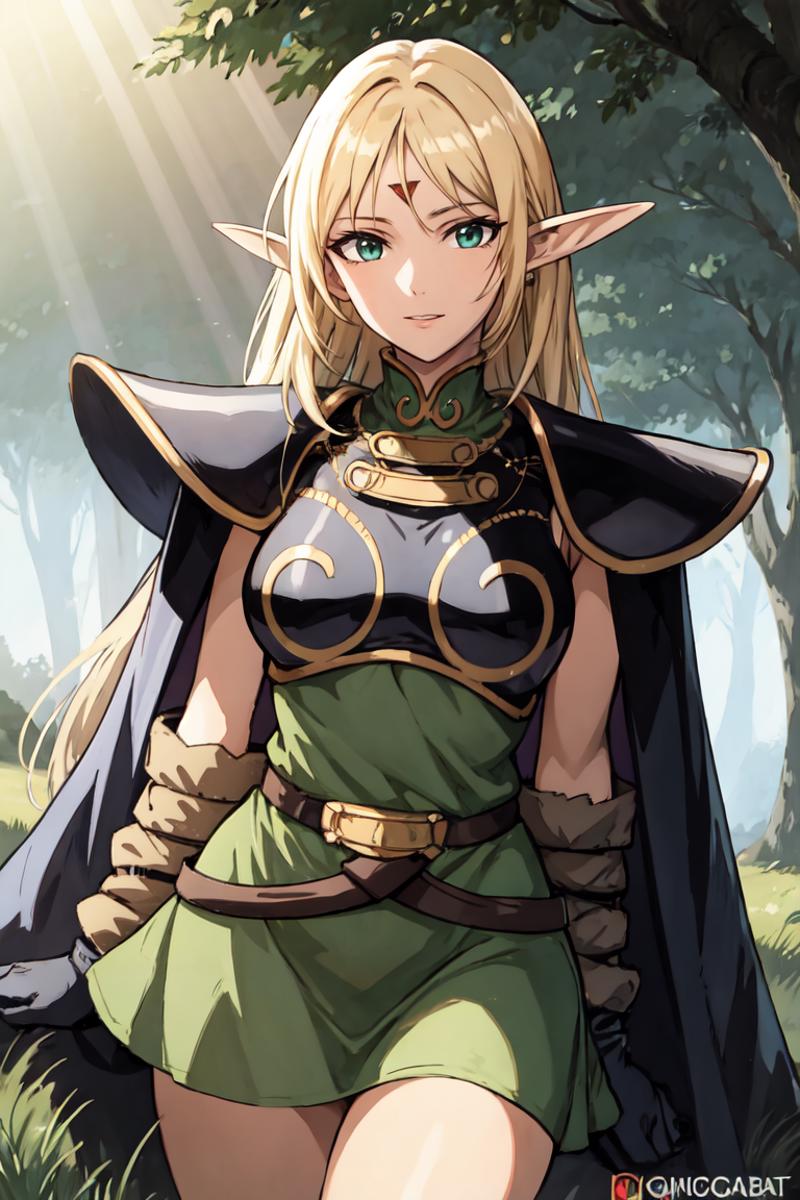 A beautiful cartoon character with a green shirt and elf ears and a green cape.