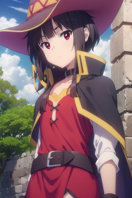 konosubamegumin, <lora:konosuba megumin movie-lora-nochekaiser:1>, 
megumin, short hair, black hair, (red eyes:1.3), short hair with long locks,
BREAK thighhighs, gloves, hat, dress, black gloves, belt, black thighhighs, fingerless gloves, cape, collar, witch hat, bandages, red dress, single thighhigh, asymmetrical legwear, bandaged leg,
BREAK outdoor, forest, nature, trees, village, sky, sun, clouds,
BREAK looking at viewer, (cowboy shot:1.5),
BREAK <lyco:GoodHands-beta2:1>, (masterpiece:1.2), best quality, high resolution, unity 8k wallpaper, (illustration:0.8), (beautiful detailed eyes:1.6), extremely detailed face, perfect lighting, extremely detailed CG, (perfect hands, perfect anatomy),