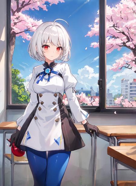 1girl,white hair, red eyes, short hair, white and blue dress, long sleeves, puffy sleeves, gloves, semi realistic, blue leggings,, classroom, open window, cherry blossoms, river