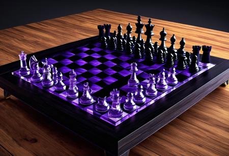 CGI Art, Chess board. Purple and black pieces. Chess pieces are made from crystals. Chessboard and pieces are in the center of a wooden table with two wooden chairs