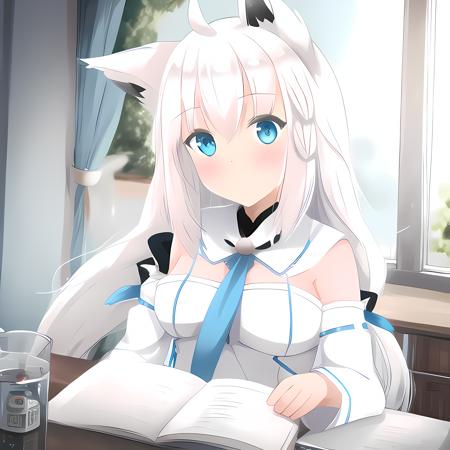 (1girl:0.976), white hair, (animal ears:0.922), (solo:0.892), (desk:0.876), (hair ornament:0.863), (looking at viewer:0.621), (blue necktie:0.591), (eyebrows visible through hair:0.589), (indoors:0.530), (open jacket:0.501)