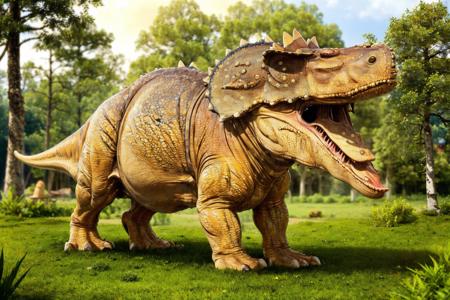 (masterpiece, best quality:1.2), ultra-detailed, Yellow, orange, and pink jungle dinosaur tricerasauruss, (realistic:1.5), <lora:EdobDinosaurs_v1.0:1>