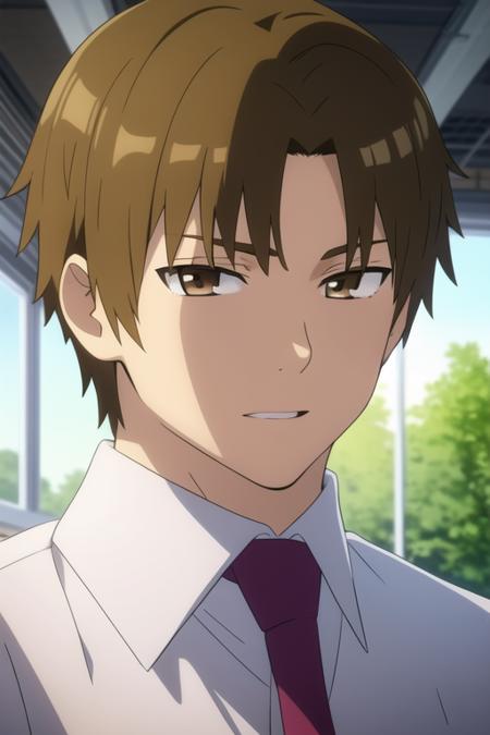 masterpiece, best quality, high quality, 1boy, solo, male focus, looking at viewer, upper body, <lora:matsuyuki_atsumu:0.76>, matsuyuki_atsumu, brown hair, brown eyes, white shirt, necktie, collared shirt, school uniform,