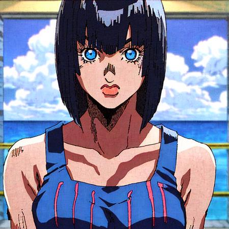 StoneOcean, 1girl, black hair, blue eyes, blue lipstick, bob cut, happy