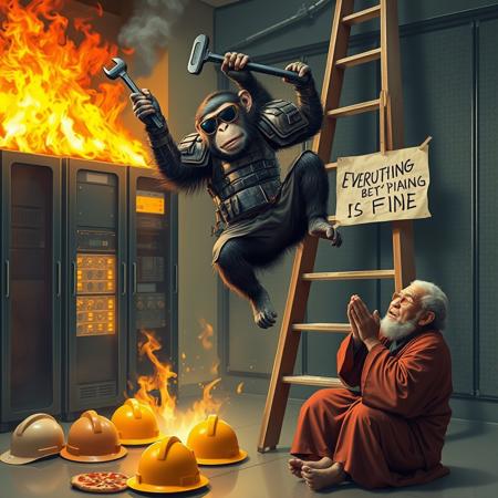 realistic, realism, surreal, monkey wearing sunglasses in armor holding a wrench, breakdancing up side down on a step ladder, in front of burning server machine, server is on fire. there are hard hats and pizzas on the floor, an old shaolin monk is praying on the floor. a paper sign on the ladder say "UNDER MAINTENANCE\nEVERYTHING IS FINE"
