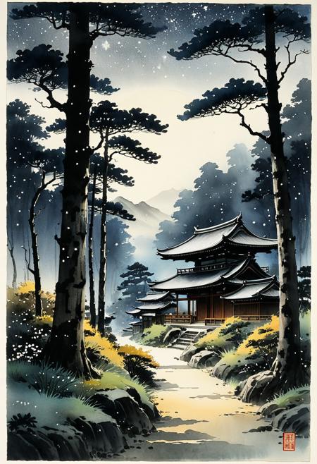 A path winding through ancient trees toward a futuristic settlement softly glowing beneath a canopy of stars, sumi-e on washi paper, 墨絵, visible brushstrokes, minimalist painting, varied ink density, tarashikomi technique, nuanced, bokkotsu technique, inkstick, 和紙, ink and wash painting, open composition