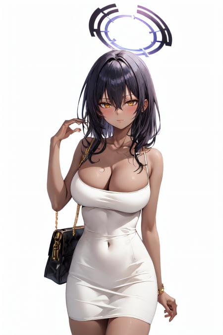 <lora:dongtan_dress:0.7>  dongtan dress, 1girl, breasts, solo, dress, cleavage, halo, large breasts, white dress, yellow eyes, looking at viewer, covered navel, white background, bag, black hair, closed mouth, simple background, bangs, collarbone, cowboy shot, shoulder bag, long hair, hand up, handbag, hair between eyes, blush <lora:karin_ba:0.8>  karin ba , dark-skinned female,