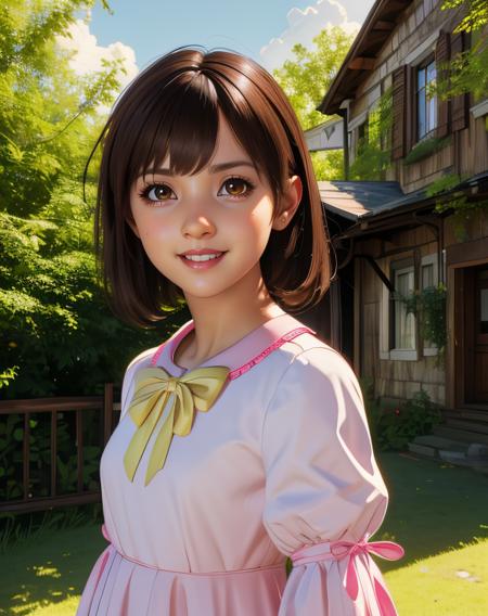 Marlene,brown hair,brown eyes,bangs,
pink dress,yellow ribbon,
standing,upper body,
light smile,
outdoors,steampunk,science fiction,
(insanely detailed, masterpiece, best quality),<lora:MarleneWallace:0.8>,