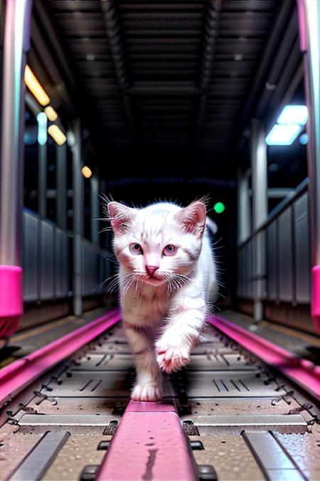 Capture a full hyper-realistic photograph of an adorable  white kitten running in aSubway station corridor,jpsta,train_station,on stairs,interior,indoors,UGPW, (pure magenta background,transparent background:1.2), cutest kitten in civitai, side view, chubby kitten, short legs, close up, c4d, blender, raytracing, unreal engine 5, render 3d,