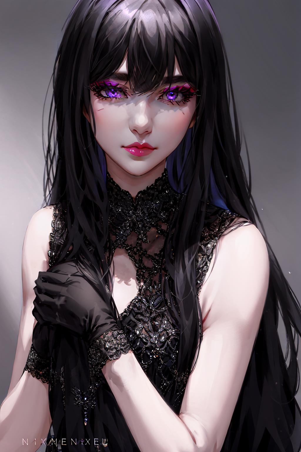 1girl, olive skin, young, long hair, black hair, black clothing, medium black hair, purple eyes, lips, black chest diamond, makeup, crystal gloves  <lora:nixeu_offset:1> , nixeu