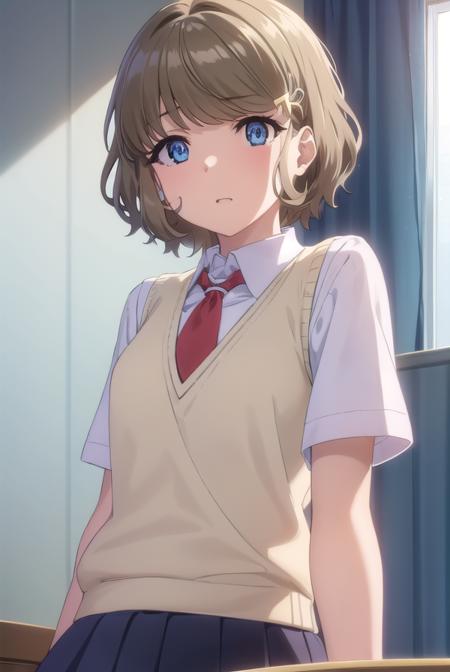 tomoekoga, <lora:tomoe koga s1-lora-nochekaiser:1>, 
tomoe koga, short hair, brown hair, blue eyes, hair clip,
BREAK skirt, shirt, school uniform, white shirt, short sleeves, pleated skirt, necktie, collared shirt, red necktie, sweater vest,
BREAK indoors, classroom,
BREAK looking at viewer, (cowboy shot:1.5),
BREAK <lyco:GoodHands-beta2:1>, (masterpiece:1.2), best quality, high resolution, unity 8k wallpaper, (illustration:0.8), (beautiful detailed eyes:1.6), extremely detailed face, perfect lighting, extremely detailed CG, (perfect hands, perfect anatomy),