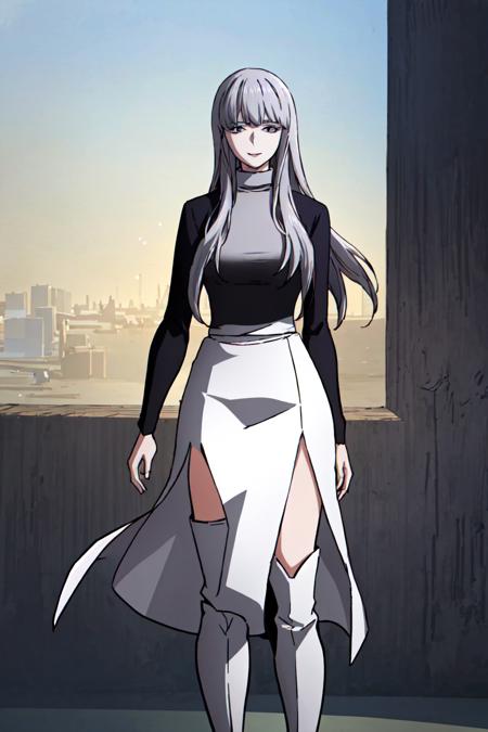 (best quality) , (highly detailed) ,masterpiece ,absurdres ,detailed face ,beautiful face ,(detailed eyes, deep eyes, anime eyes) ,1girl , solo,
Balancing with one foot raised behind,
003, grey eyes, grey hair, white hair, long hair, jacket, sweater, black jacket, turtleneck, very long sweater dress, long sweater, (white slit long skirt:1.2),  turtleneck sweater, (white knee boots:1.3), slight smile, <lora:003V1:0.8>