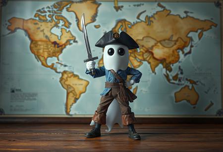 "A hyperdetailed cinematic matte painting of a Ghost Pirate standing confidently on a wooden surface, dressed in a blue shirt and brown pants, with a black hat perched on its head. The pirate wields a sword in its right hand, ready for an imaginary duel, while its left hand rests on its hip, exuding an adventurous spirit. Behind the figure, a meticulously detailed world map serves as a backdrop, adding a sense of exploration and adventure. The composition is playful yet dynamic, evoking the spirit of pirate lore. Rendered in Octane and Unreal Engine 5, with 4K resolution, lifelike details, sharp lines, and stunning, harmonious colors. The scene features captivating lighting, a dynamic action pose, and a creative angle, trending on ArtStation and CGSociety. Inspired by the styles of Raphael, Houdini, and Grammer Effect, with vivid emotions and a powerful message. The pirate’s face and eyes are exquisitely detailed, showcasing handcrafted precision and impeccable composition. Kodak Ektar film aesthetic, no text, trending on Instagram and ArtStationHQ."