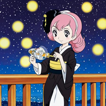 (Anime:1.1), 
best quality, woman, night, firework, black kimono, smile, wood balcone, from top, pink hair, leans on the railing, model facial features, long hair,childhood memories, anime style 80, 
 

(anime by Osamu Tezuka, 80s, big eyes, illustration,:1.1),  manga,
(film still, image still),

complex stuff background, 