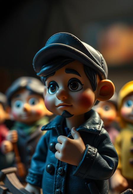 Intense dramatic lighting. Adorable and cute clay figurines with charming features depict animated people. The craftsman, wearing a blue and black jacket and dark cap, has a thoughtful expression. High contrast creates tension.