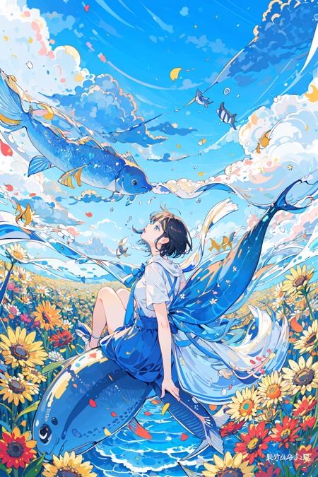 (masterpiece:1.2), best quality,PIXIV, 
fairy tale style, 1girl, cloud, solo, sky, black hair, fish, flower, bubble, blue sky, short hair, outdoors
 <lora:fairy tale style-000016:0.7>