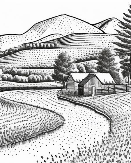 an idyllic landscape in hedcut style  <lora:GazHedcut:1>