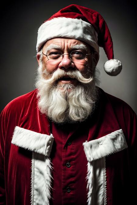 santa claus with wipe, dirt, hitting, angry, christmas background, dark theme, high contrast, (hyperrealism, sharp), amateur photoshoot, depression, film grain, dread, shabby, grime, angst, seedy, downtrodden