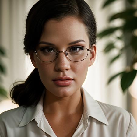 cinematic film still of  <lora:Holly Body SD1.5:1.2>
Holly Body a woman wearing glasses and a white shirt vintage glamour photography, shallow depth of field, vignette, highly detailed, high budget, bokeh, cinemascope, moody, epic, gorgeous, film grain, grainy