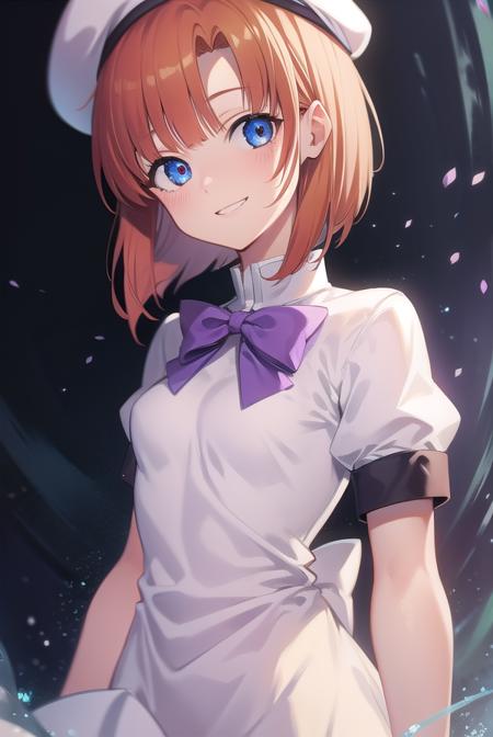 renaryuuguu, <lora:renatest:1>,
rena ryuuguu, orange hair, short hair, blue eyes, smile, grin, (small breast:1.2),
BREAK beret, black thighhighs, bow, bowtie, dress, hat, puffy short sleeves, puffy sleeves, purple bow, purple bowtie, short sleeves, thighhighs, white dress, zettai ryouiki,
BREAK looking at viewer,
BREAK outdoors, city,
BREAK <lora:GoodHands-vanilla:1>, (masterpiece:1.2), best quality, high resolution, unity 8k wallpaper, (illustration:0.8), (beautiful detailed eyes:1.6), extremely detailed face, perfect lighting, extremely detailed CG, (perfect hands, perfect anatomy),