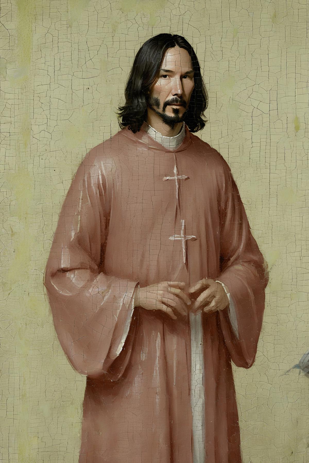 A portrait of a man in a long red robe with a cross on the front.