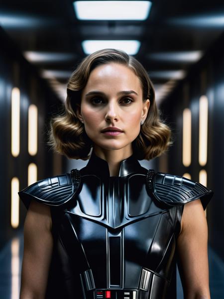professional close up portrait photograph of a (beautiful Natalie Portman:1.2) wearing a dress inspired by darth vader in a hallway on a star wars spaceship