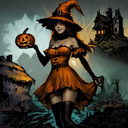 portrait, impressionistic painting by John Longstaff, DarkestDungeon, (DDAreaWeald, (thatch hut, shipwreck), dark sky, sewer grate), 1girl, witch, medium straight brown hair, parted bangs, exposed forehead, exposed collarbones, smiling, wearing small orange witch hat, holding carved pumpkin, (wearing orange strapless dress with ribbbed fabric), criss-crossed stitching, wearing black shirt under dress, (extremely dark), (rimlight, intense highlight, bright light behind her), masterpiece, best quality, cinematic composition, vibrant, best lighting