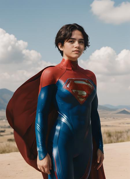 photo of supergirl, short hair, bodysuit, cape, outdoors sunny day, background sky, analog style (look at viewer:1.2) (skin texture), Fujifilm XT3, DSLR, 50mm  <lora:Sasha Calle Supergirl:0.85>