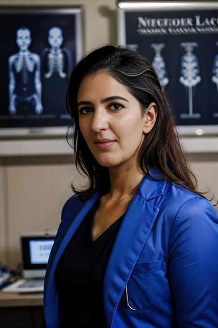 a professional photograph of beautiful (D4rcy:1.1) woman,as a surgeon physician,wearing a (steel blue lab coat:1.2) over (indigo dress:1.2),with stethoscope around neck,name tag on lapel,holding an (x-ray chart:1.4),standing in a hospital surgery ward,wearing gloves,surrounded by a (examination table and medical equipment:1.2),long hair,jewelry,lipstick,makeup and eyeshadow,(face focus),cinematic movie still,dramatic pose,sharp focus,detailed eyes,(highly detailed),(HDR),(8k wallpaper),intricately detailed,highres,absurdres,hyper realistic,8K UHD DSLR,Fujifilm XT3,taken with (Canon EOS 1Ds camera),35mm film,extremely intricate,dramatic,(looking at viewer),4k textures,elegant,(cinematic look),hyperdetailed,PA7_Portrait-MS,<lora:D4rcy_02A-000004:1.1>,