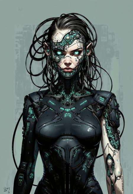 A digital illustration portrait in the style of ck-js, depicting the female central nexus of a Borg-inspired collective. Her expression is impassive, a conduit for the hive mind. Her body is a canvas of invasive cybernetics: dark, segmented plating covers much of her torso and one arm, intricate wiring snakes visibly across her pale skin, and a complex array of sensors and implants replaces a significant portion of her skull and face. A network of fine, glowing green or cyan conduits pulses beneath semi-translucent synthetic skin panels. Her remaining organic features appear almost like relics within the overwhelming technology. Stark, directional lighting casts deep shadows, emphasizing the texture of metal, wire, and integrated flesh. Focus on the loss of individuality, the dominance of the machine, and the cold efficiency of the collective.