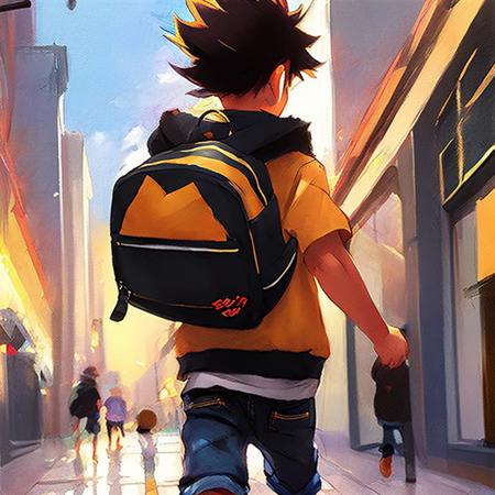 A little boy with a pokemon backpack running down a tokyo sidewalk sda768