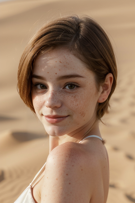 LucaHollestelle, freckles:1.2, ((slim, fit, lanky, coltish:1.5)), closeup on face, beige polka dot dress, looking at viewer, facing viewer, taken with Leica M, 35mm f1.2, Kodachrome film, Sahara Desert background