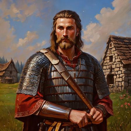 a man slavic warrior in village <lora:slavic:1> art, artstation